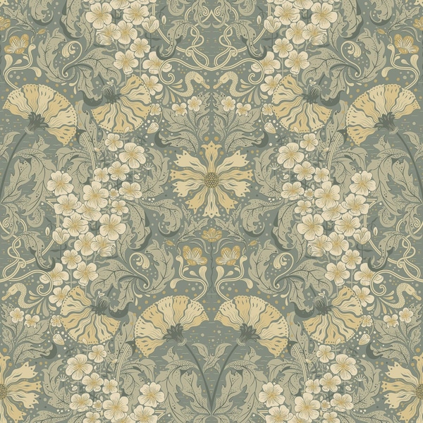 Manhattan Comfort Liverpool Ojvind Sea Green Floral Ogee 33 ft L X 209 in W Wallpaper BR4080-83113 - main
